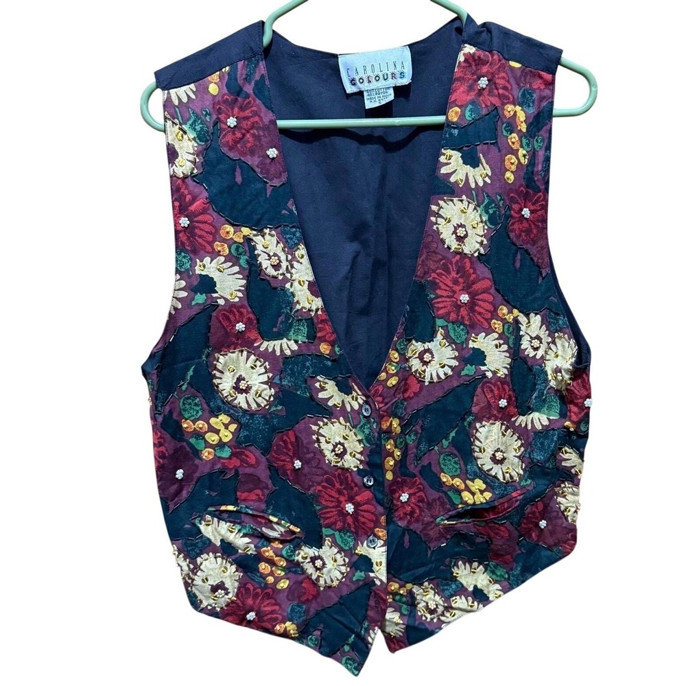 Vintage 90s Carolina Colours Beaded Floral Vest Boho Indie Cottagecore‎ S